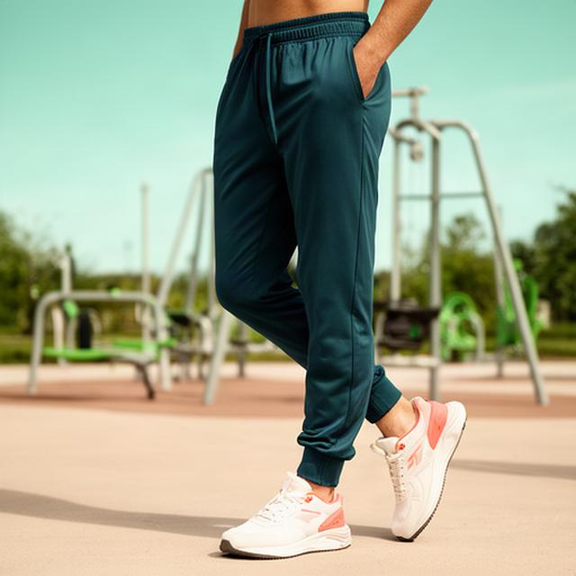 Pair of relaxed quick-dry joggers styled with trainers near a bright outdoor fitness area